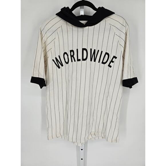 World Wide Men's Short Sleeve White Striped Hooded Top Size XL - Picture 1 of 3